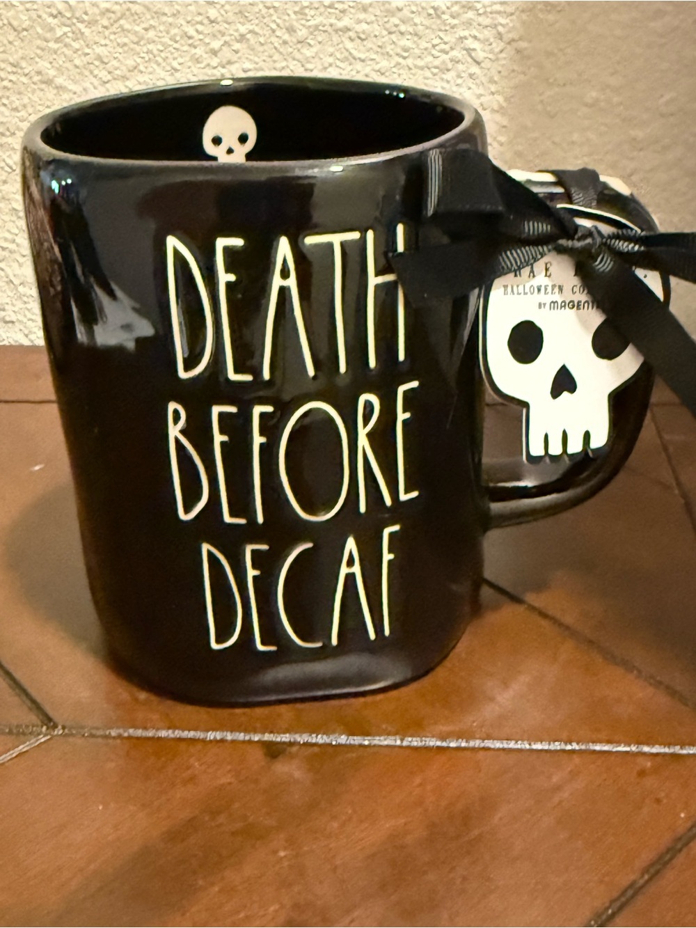 Rae Dunn Black Ceramic Mug- 'Death Before Decaf' w/ Bone Details on Handle- NWT